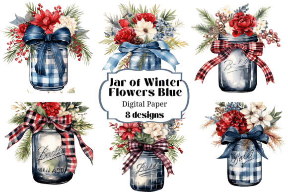 Download Mason Jar Blue Watercolor Winter Flowers - Flowers Collection